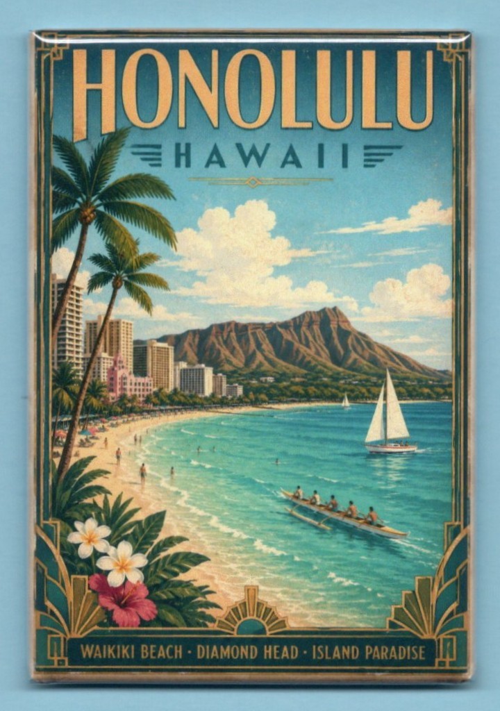 HONOLULU HAWAII TRAVEL POSTER *2X3 FRIDGE MAGNET* WAIKIKI BEACH SUNNY PARADISE