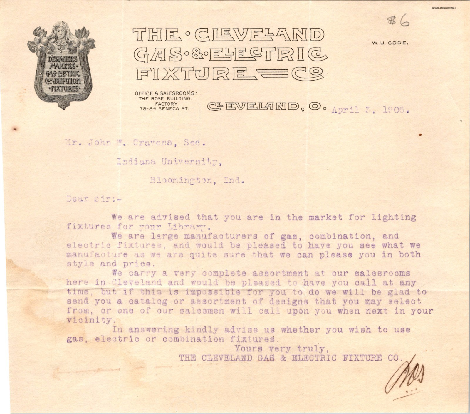 1906 ADVERTISING LETTERHEAD CLEVELAND GAS & ELECTRIC FIXTURES CO. OHIO 1906 ADVERTISING LETTERHEAD CLEVELAND GAS & ELECTRIC FIXTURES CO. OHIO