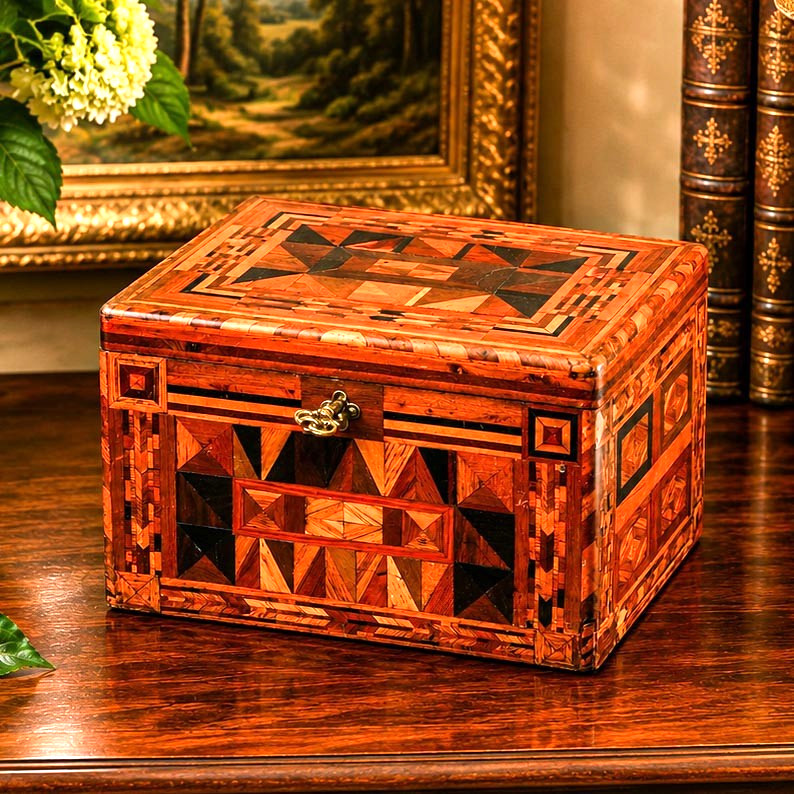 Impressive Large Inlaid Wood Pattern Antique Victorian 19th Century Box with Key