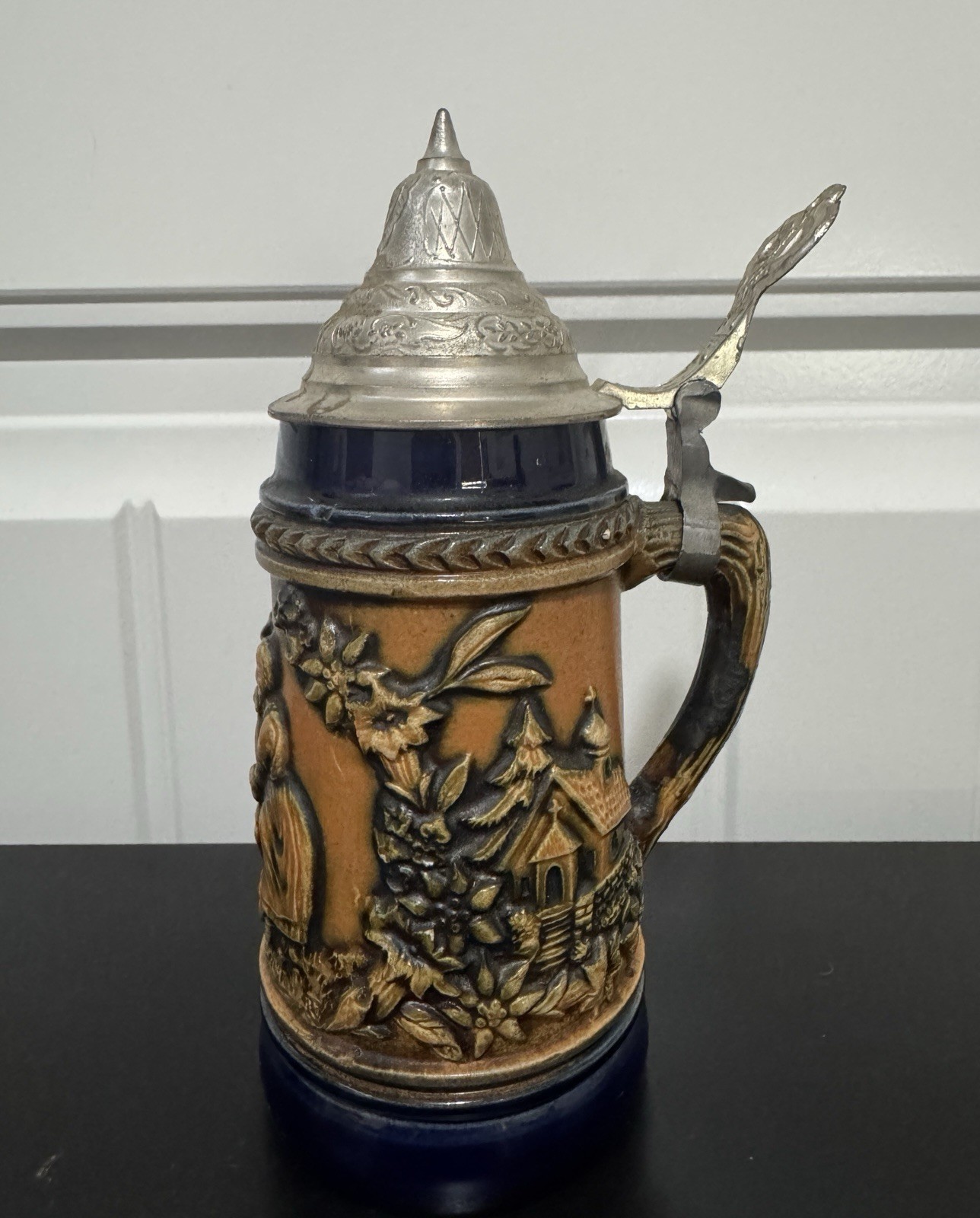 Vintage Original Gerz Gerzit W Germany Lidded Beer Stein Cobalt Blue Relief 6.5”