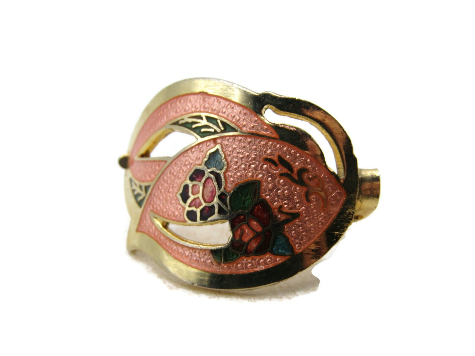 Vintage Cloisonne Enamel Scarf Clip Holder Pink Floral Rose Gold Tone Slide
