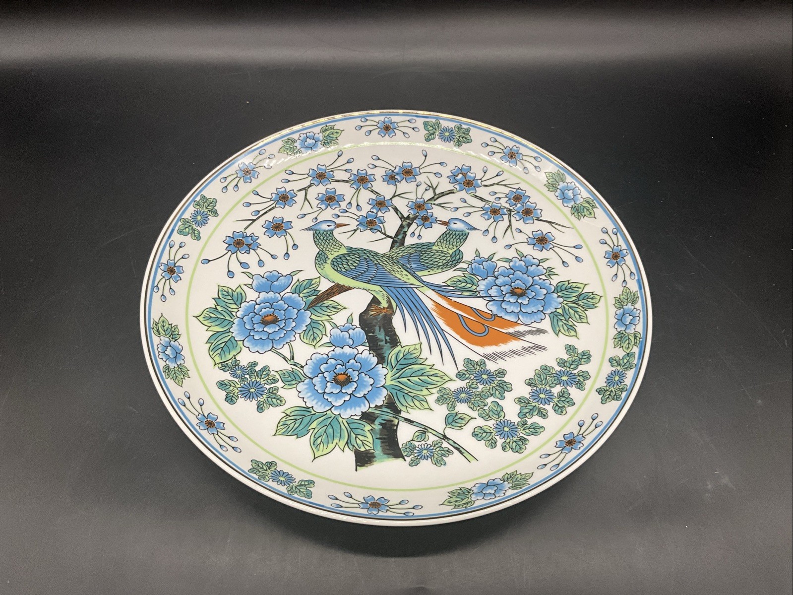 Vtg Japanese Porcelain 12 1/4” Plate Floral & Birds Peacocks 12 1/4” W