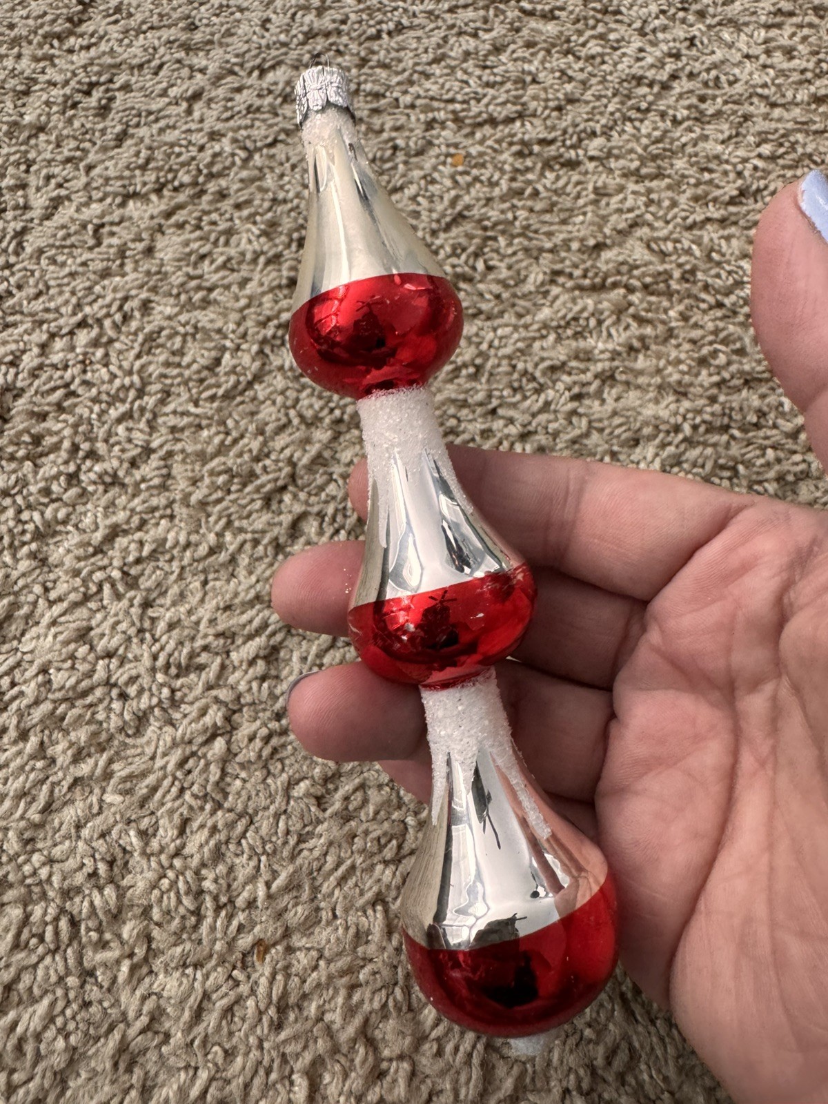 Vtg Triple Indent Bulb Finial Czech  Slovakia Blown Glass Ornament 7” Red White