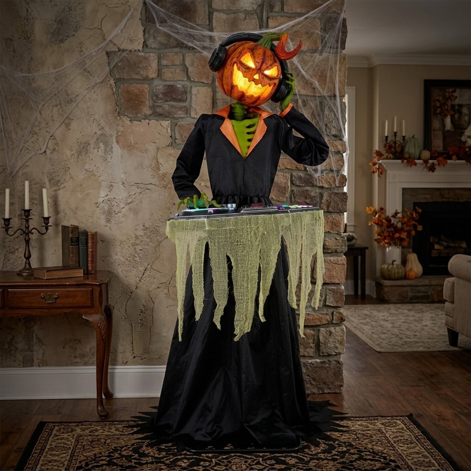 6FT ANIMATED DJ JACK-O-LANTERN WITH TURNTABLE HALLOWEEN ANIMATRONIC PROP