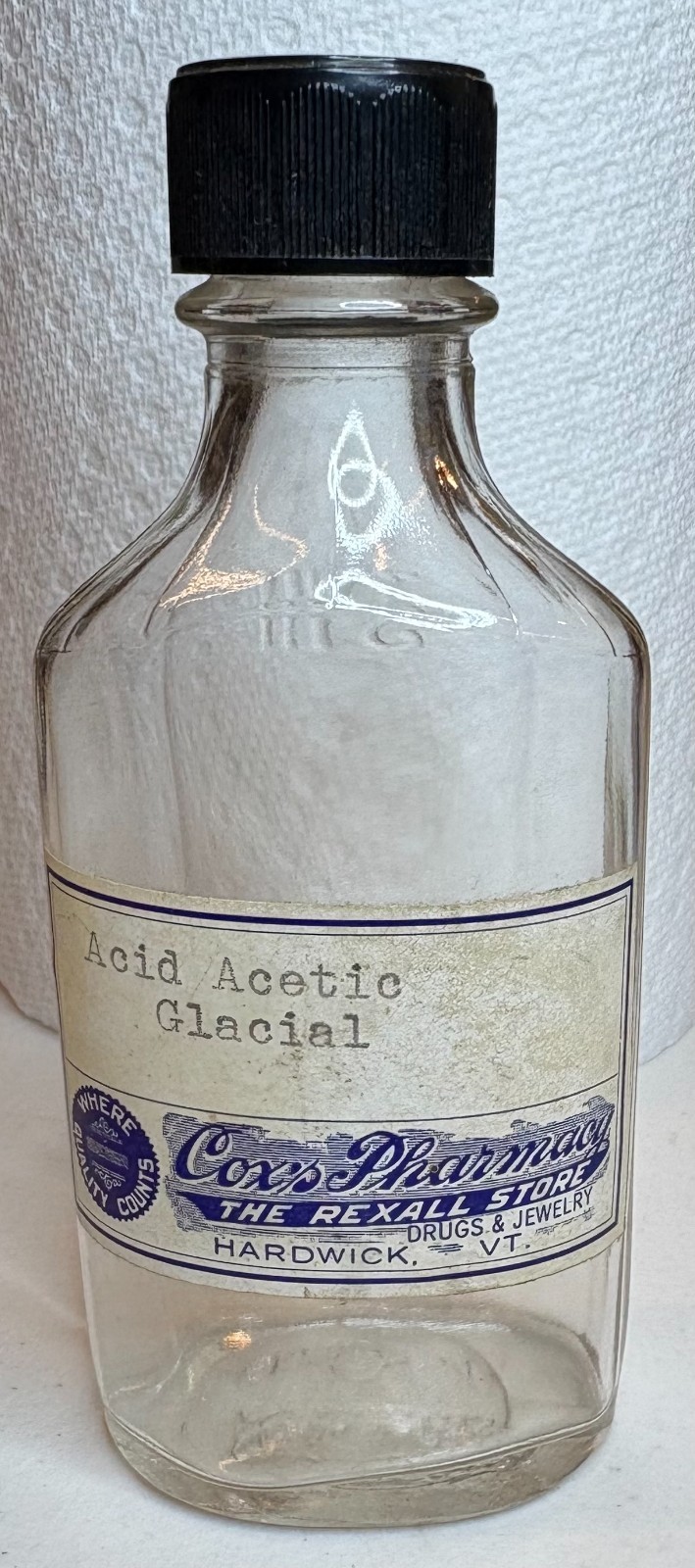 Vintage Cox Pharmacy Rexall Hardwick VT Drug Store Glacial Acetic Acid Bottle Ad