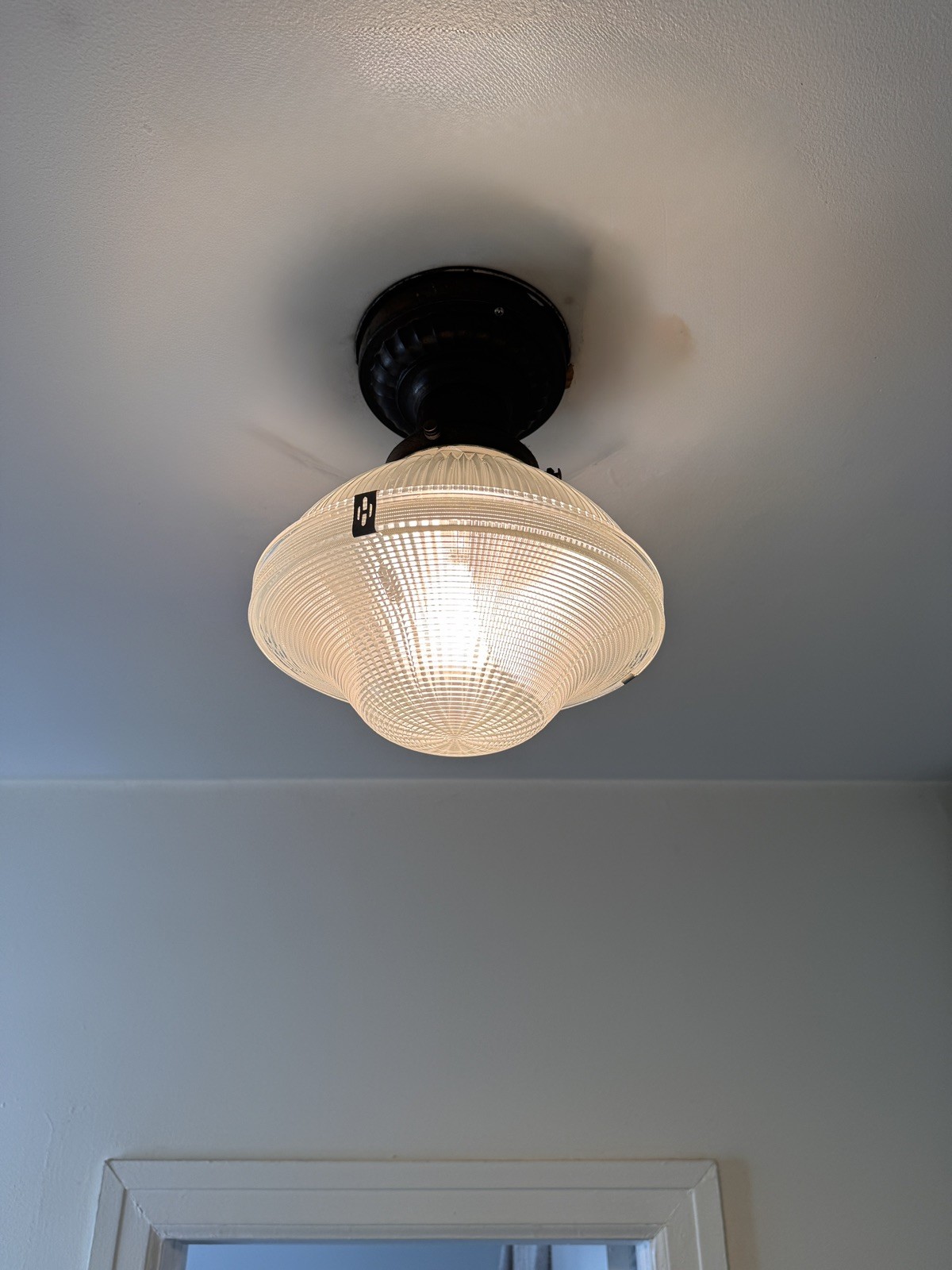 Antique Holophane Two Piece Glass Celing Fixture Shade with Original Clips