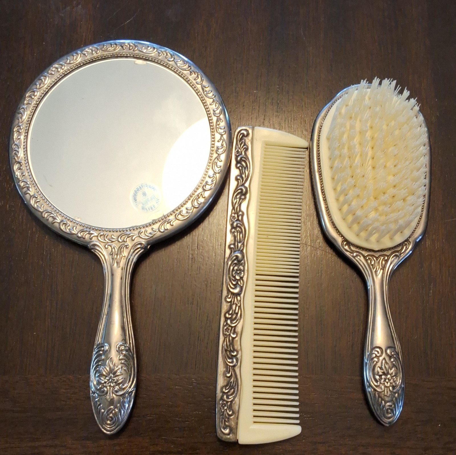 International Silver Vanity Set Mirror Brush Comb Silverplate Ornate Handles