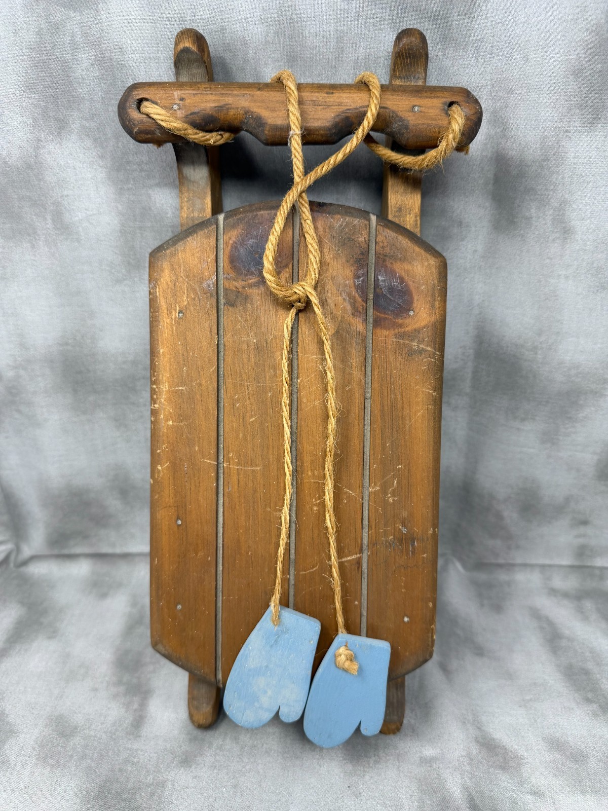 Vintage Wooden Sled Blue Mittens Christmas Winter Decor Rustic Wall Hanging 16\