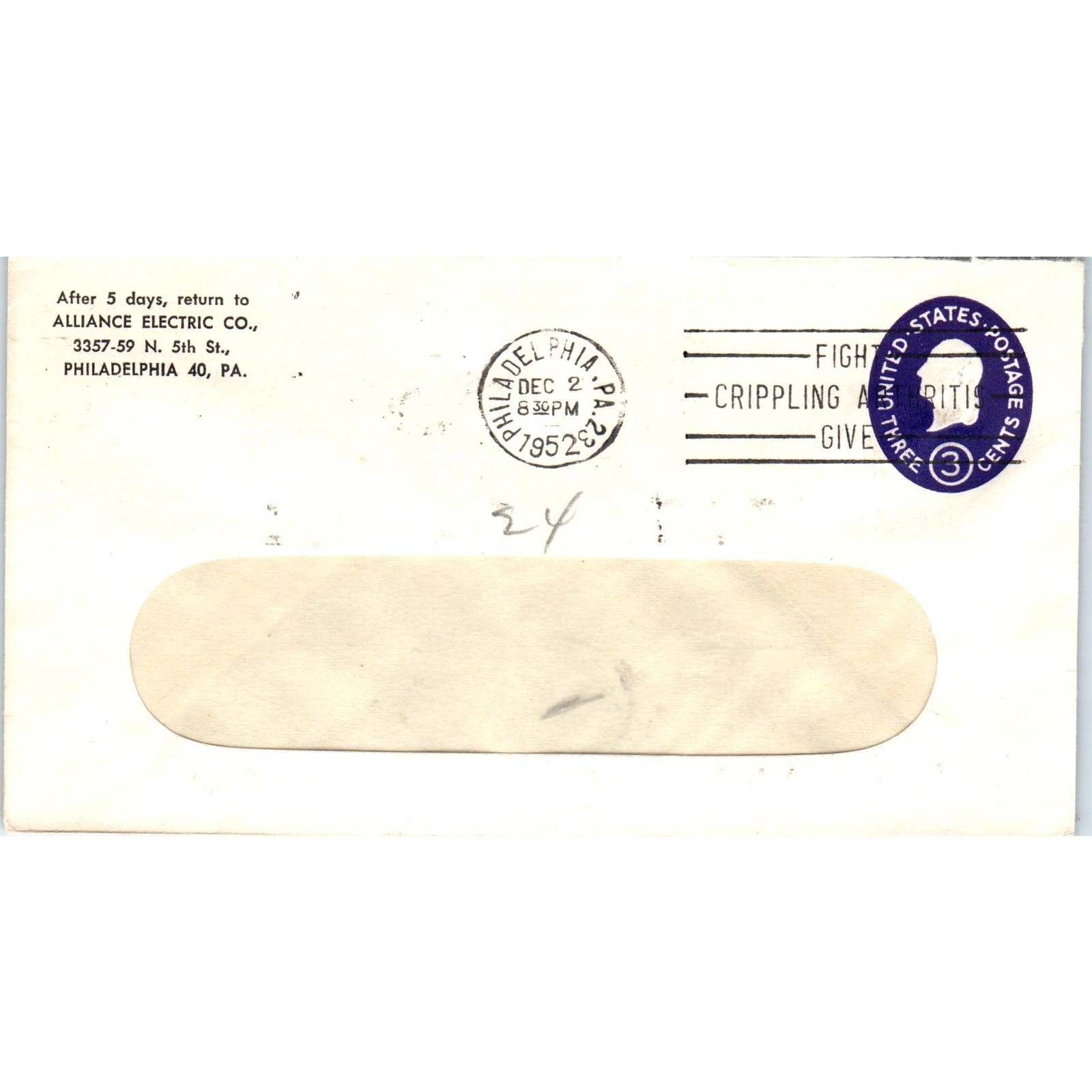 1952 Alliance Electric Phila Fight Arthritis Cancellation Postal Cover TG7-PC3
