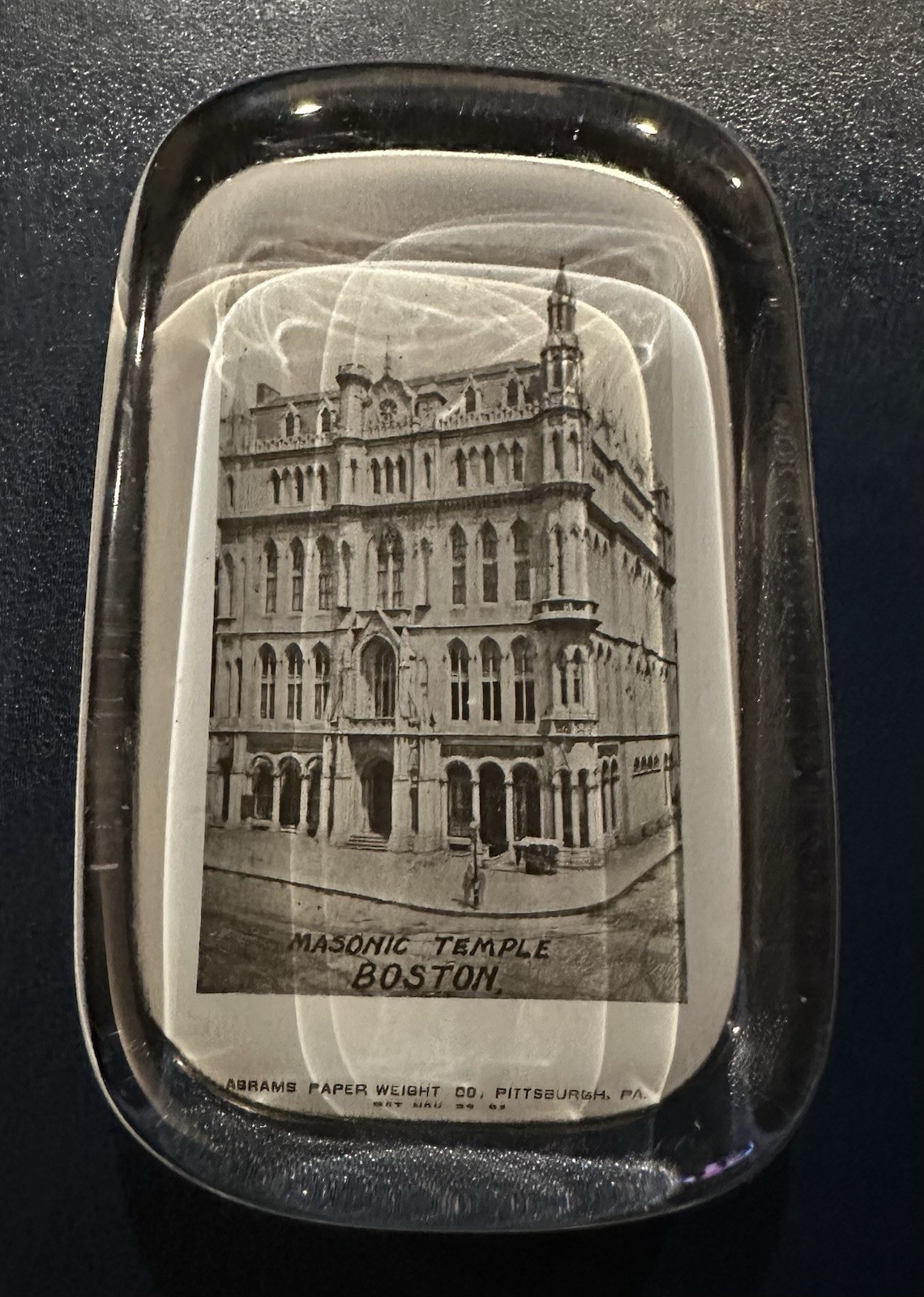 Antique 1890s Masonic Temple Boston Glass Photo Paperweight