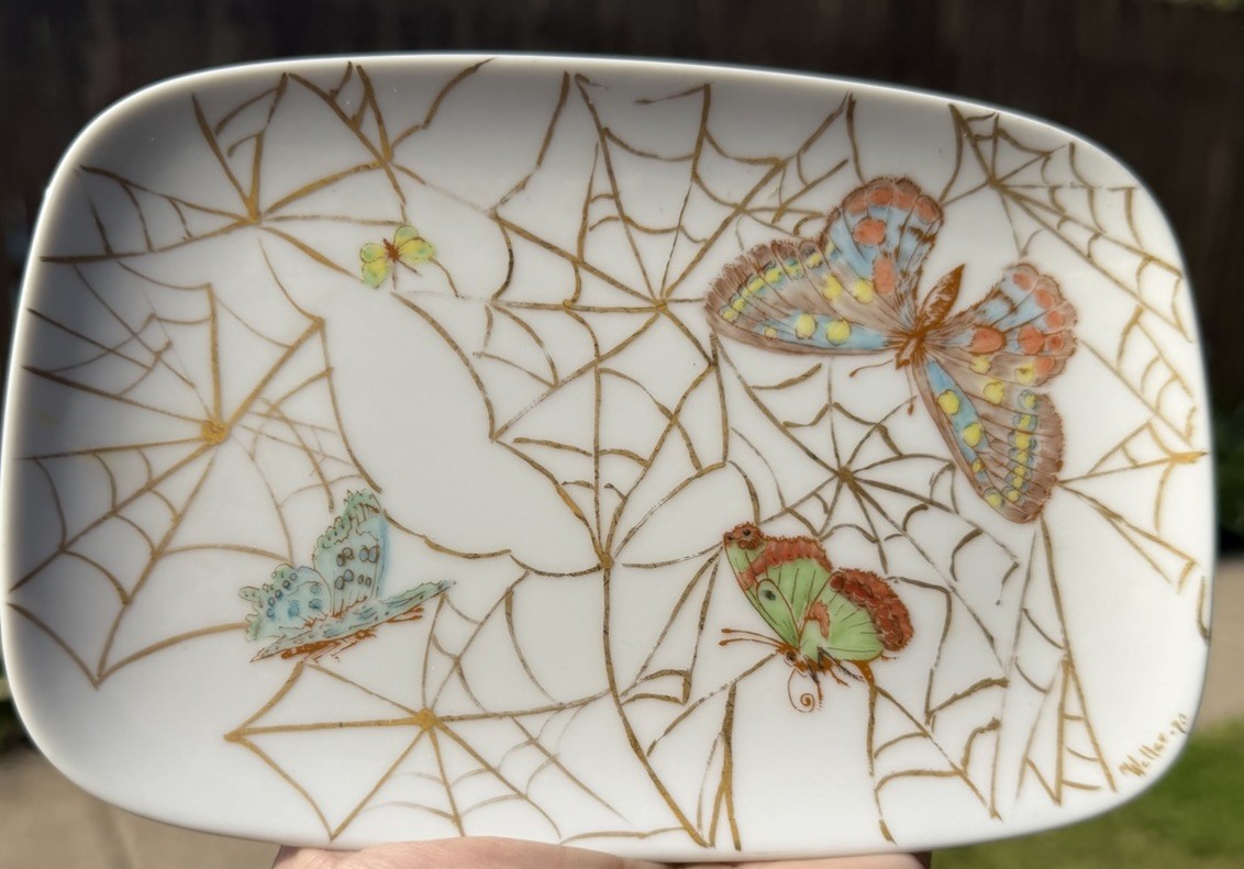 Vtg 1970 Signed Weller Porcelain Tray Platter Hand Painted Butterfly Spiderweb