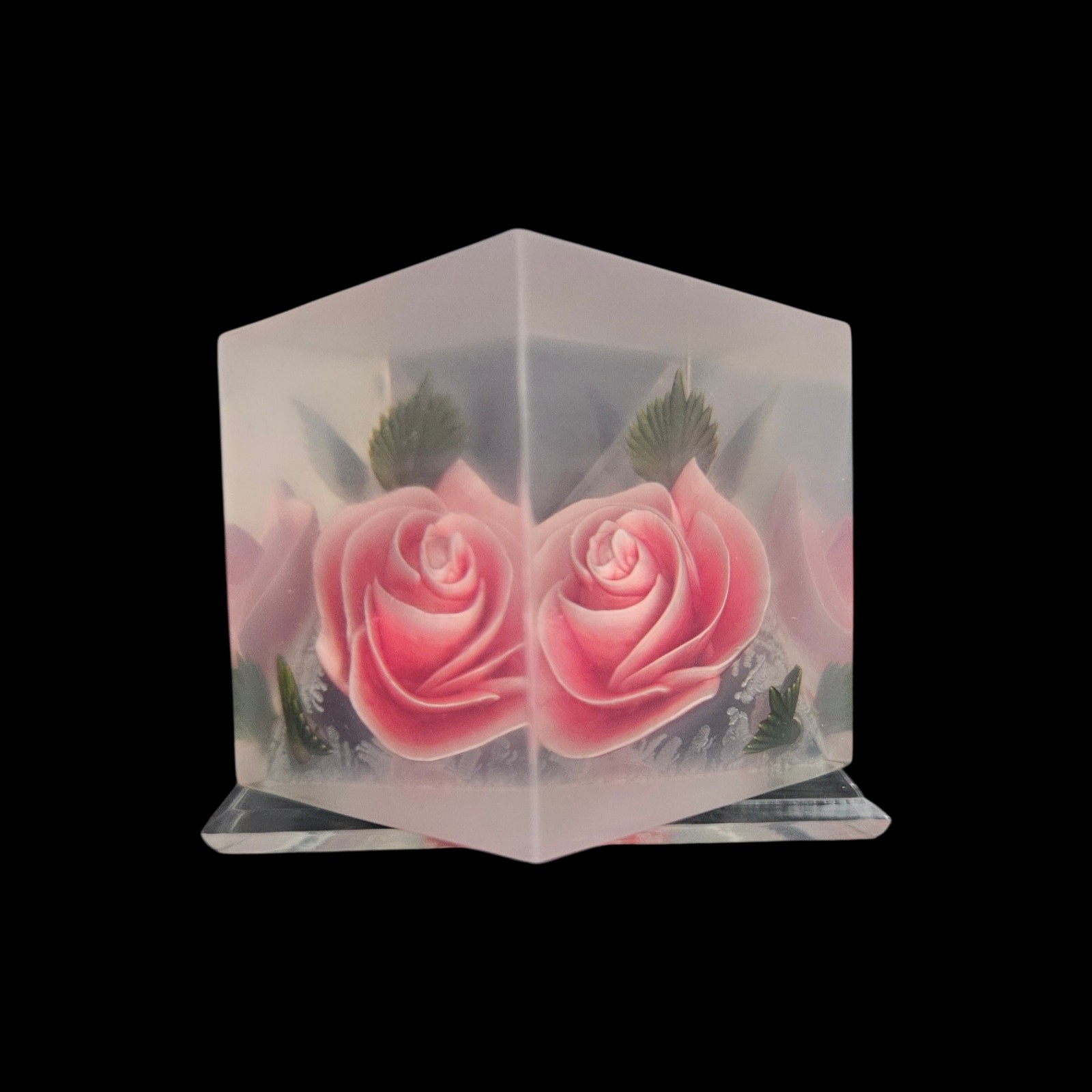 Vintage Frosted Acrylic Pink Rose Pyramid Paperweight Floral Art Sculpture Vintage Frosted Acrylic Pink Rose Pyramid Paperweight Floral Art Sculpture