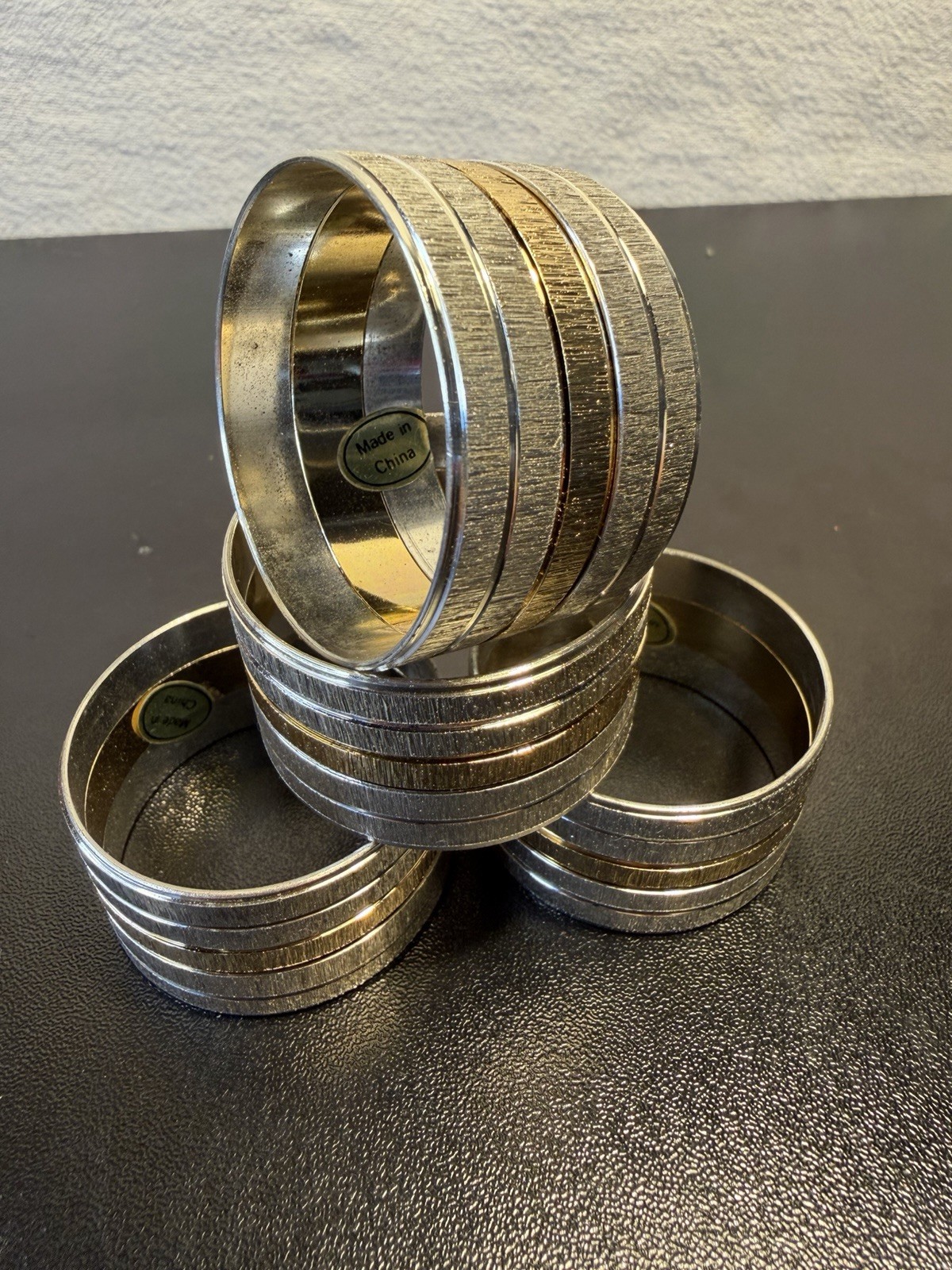 Vintage 1980s Mixed Metal Napkin Rings Set of 4 Two-Tone Silver & Gold Brass