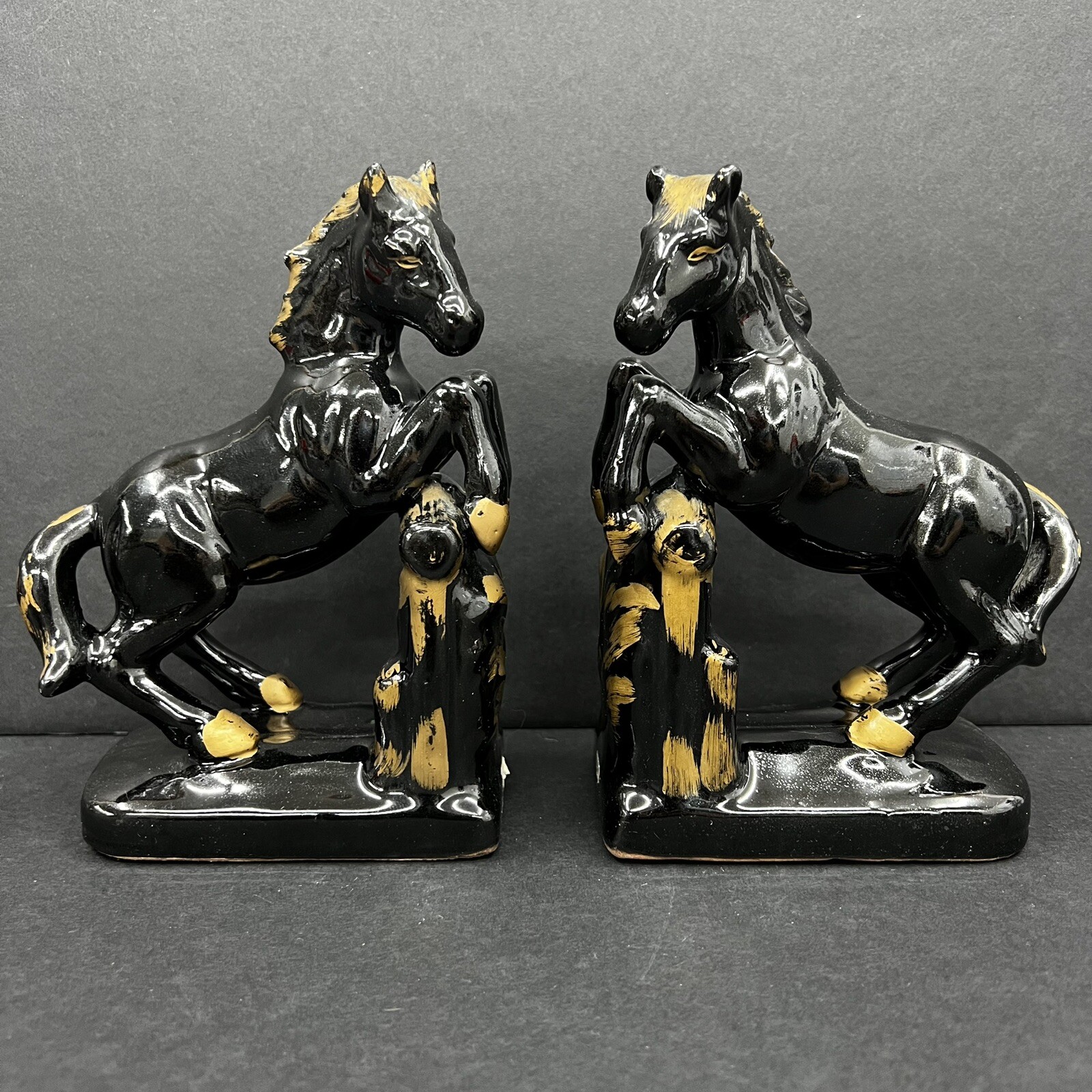 Vintage Ries Japan Two Porcelain Book Ends Black Gold Horse Figurines