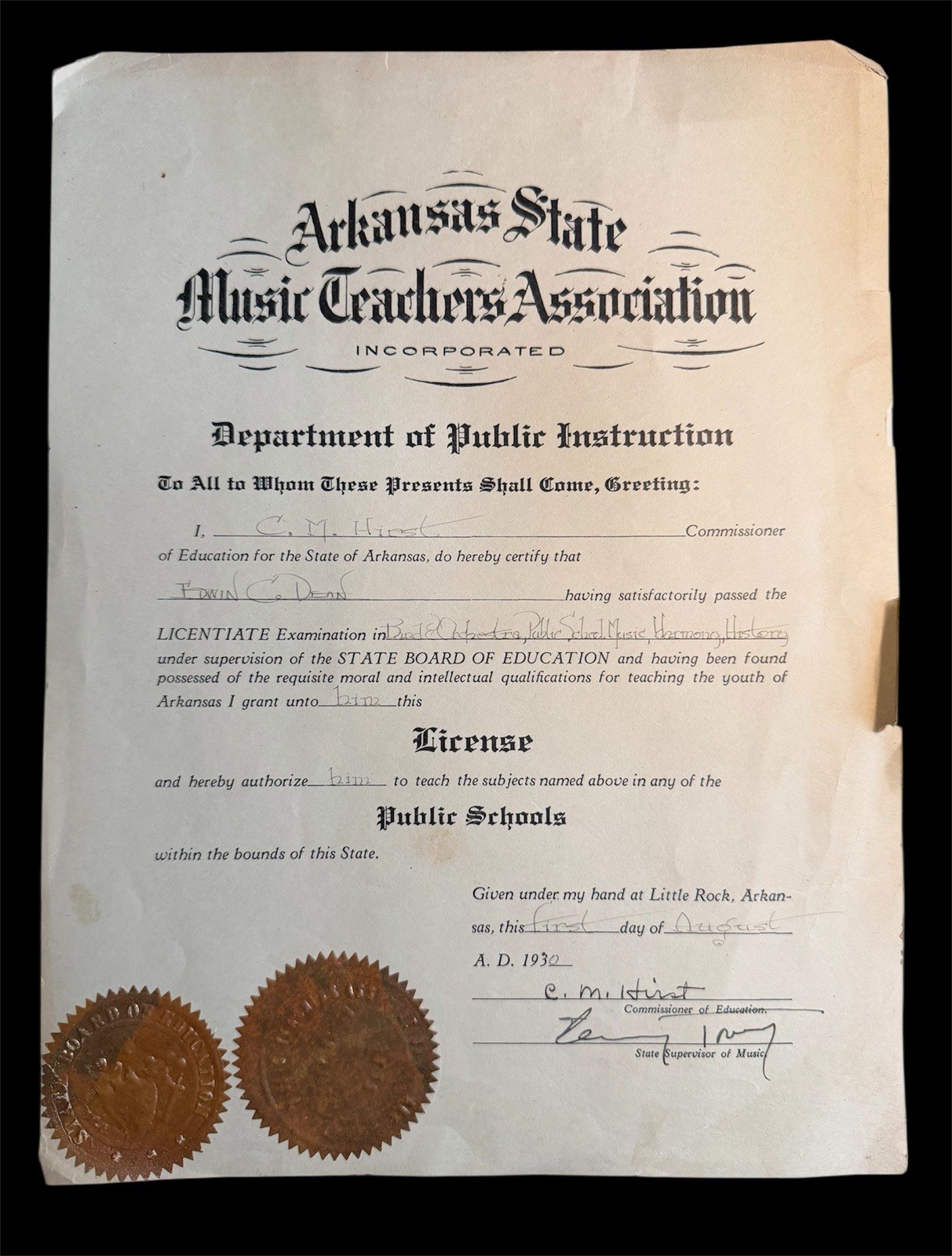 1930 Arkansas State Music Teachers Association License Public Schools