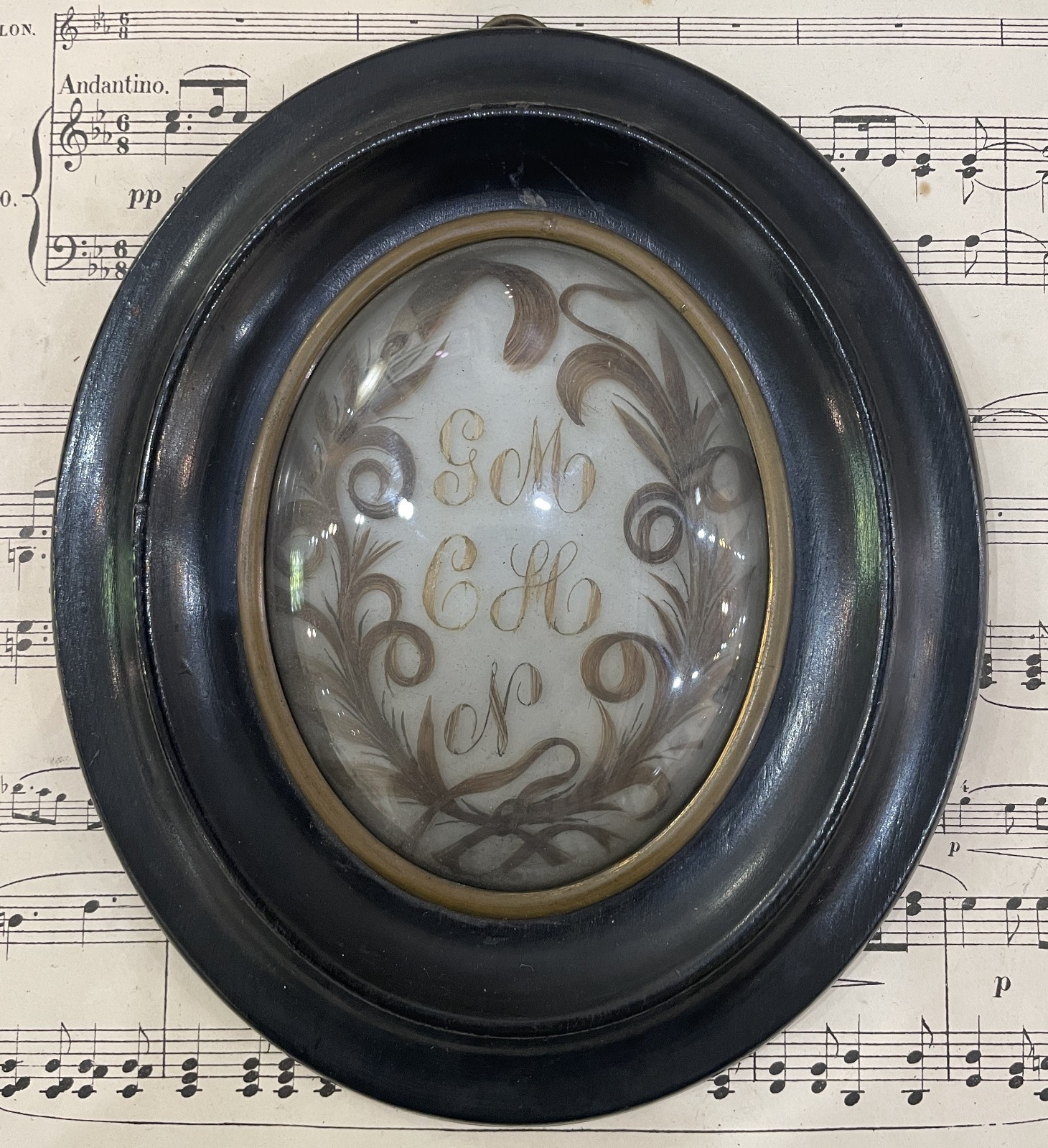 Antique French Mourning Hair Art Domed Glass Wooden Frame c1852
