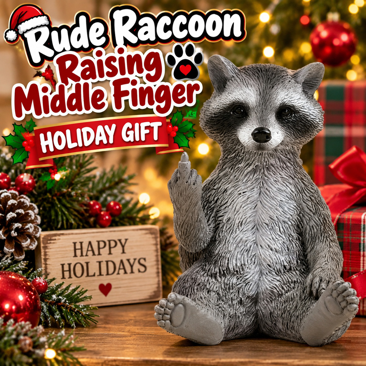 Hilarious Rude Raccoon Middle Finger Figurine Woodland Wonders - Holiday Gift