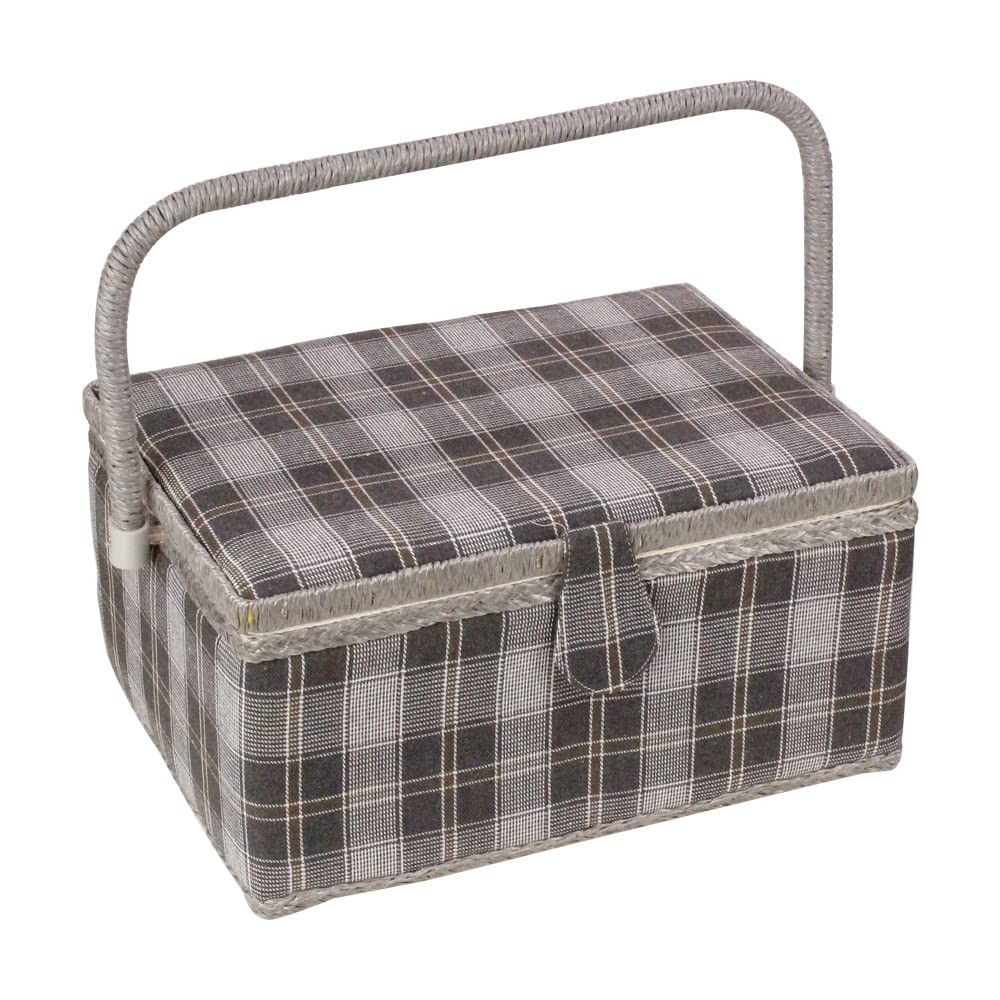 Sewing Basket Organizer Medium 11 x 7 x 5.5 Dark Gray Plaid Removable Tray