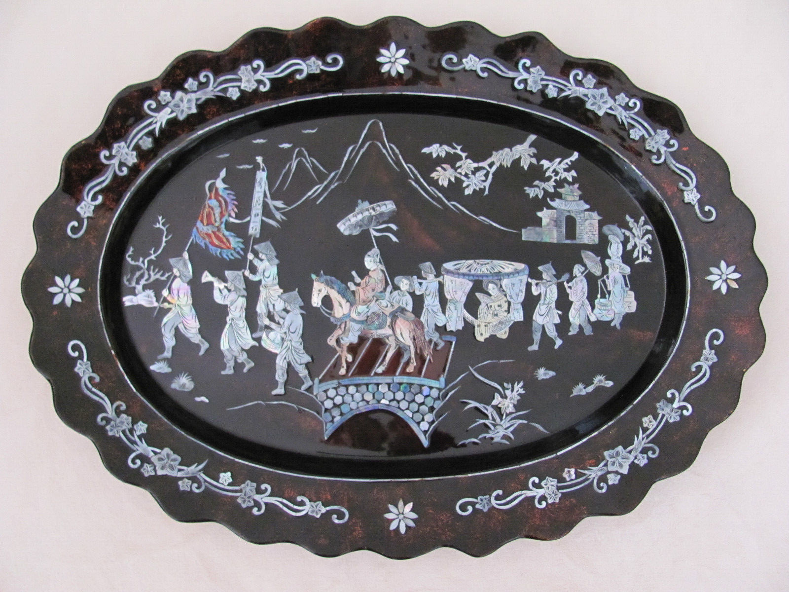 Lg Asian Oriental Inlay Mother of Pearl Abalone Wall Hanging Lacquered Art 26x19