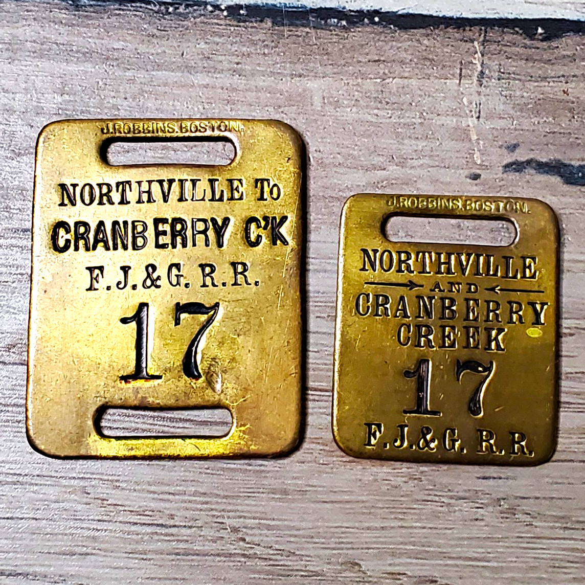Rare Matched Set: Antique FJ&G Railroad  Brass Baggage Tag & Shell Check
