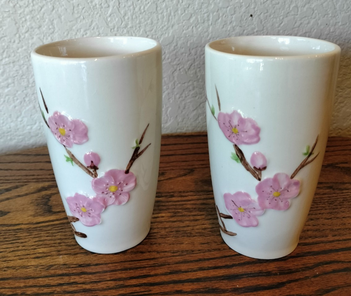 Vtg Metlox Pottery Poppytrail Peach Blossom 12 Oz Tumblers, Glasses /Set Of Two