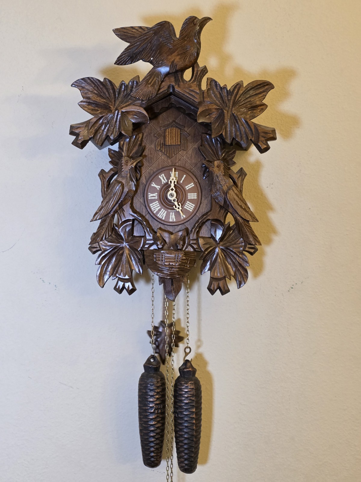 Vintage German Black Forest 8 Day Cuckoo Clock Regula 34-J Carved Birds. Works