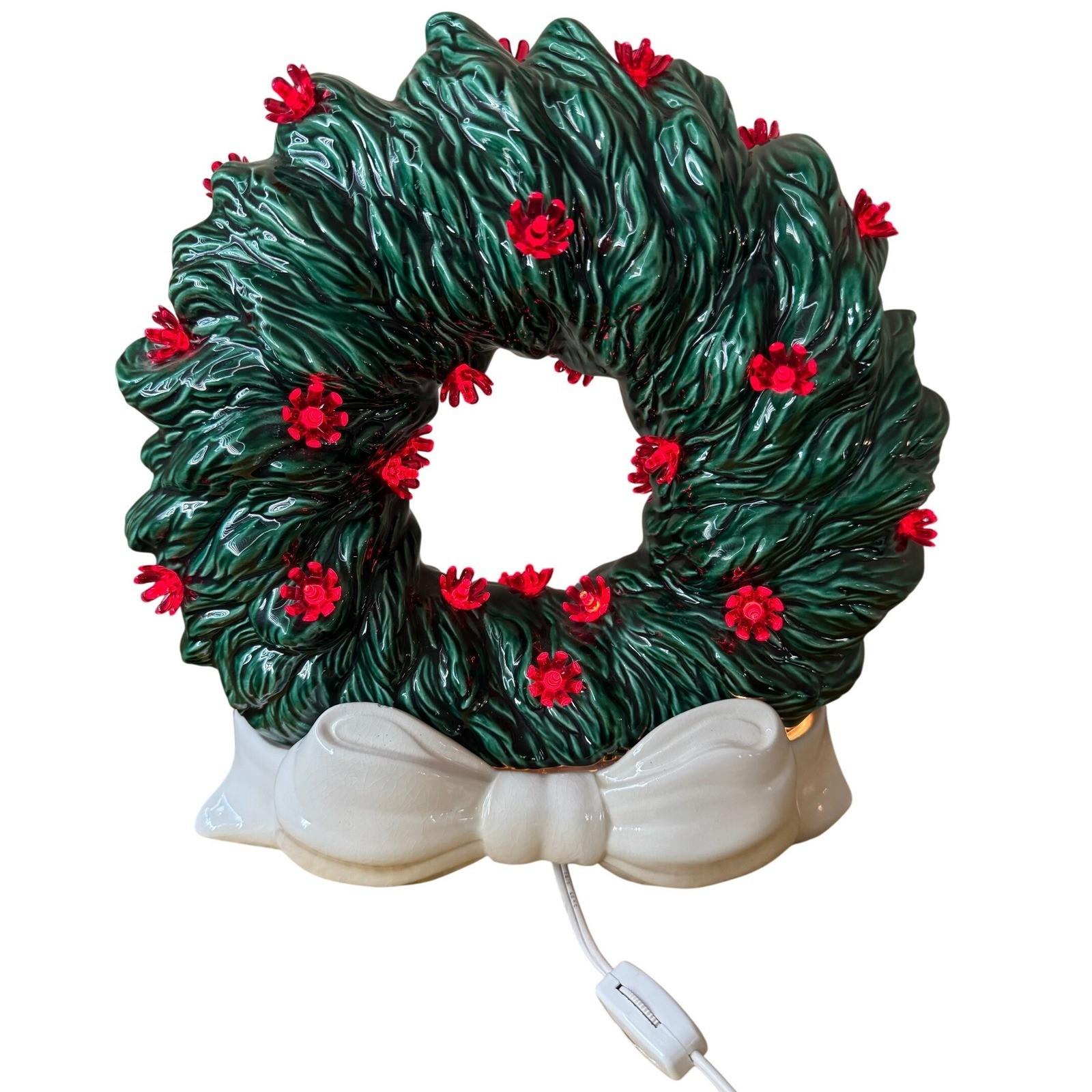 Vintage Ceramic Retro Lighted Christmas Wreath White Bow Green Red Flowers WORKS