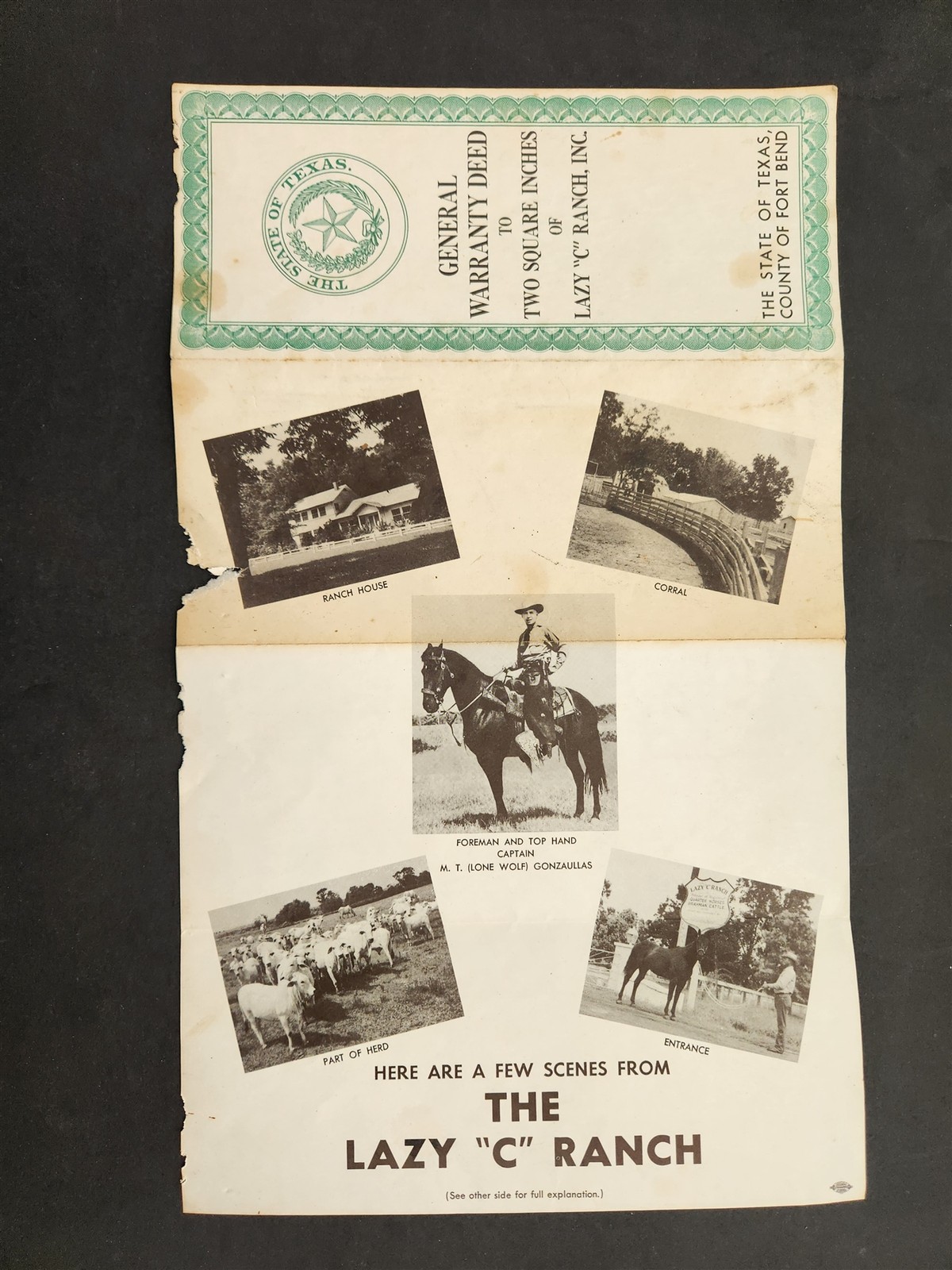 1954 vintage LAZY C RANCH fort bend tx GENERAL WARRANTY DEED for 2sq inches