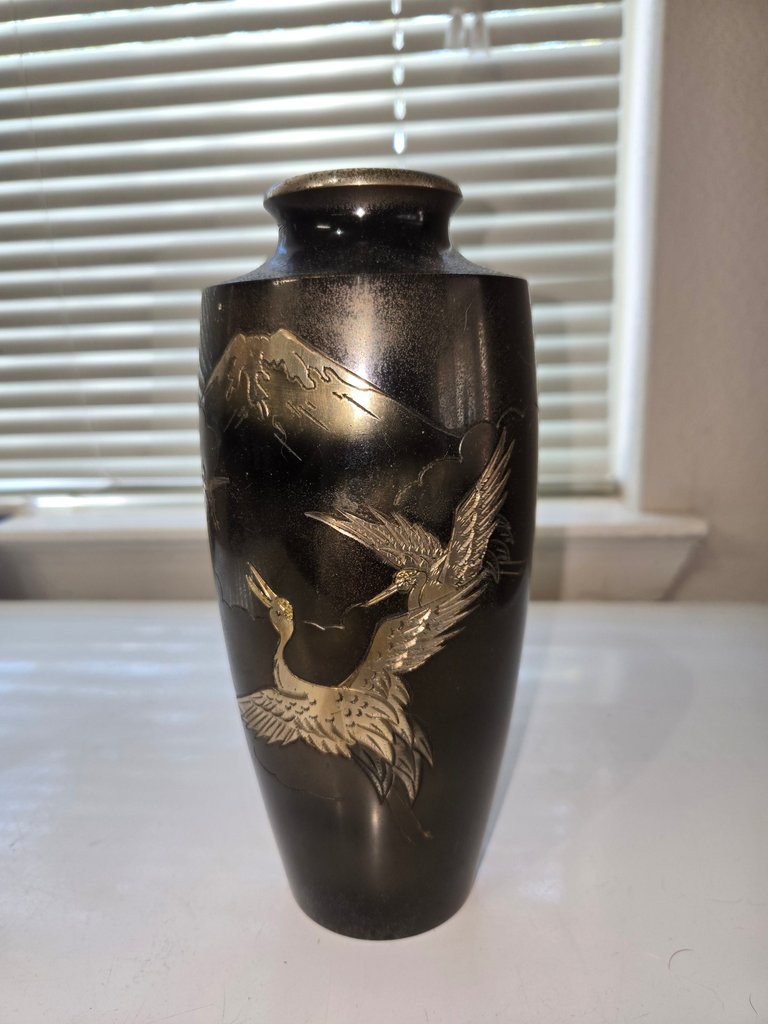 Vintage Japanese Metal Vase with Crane and Mountain Design