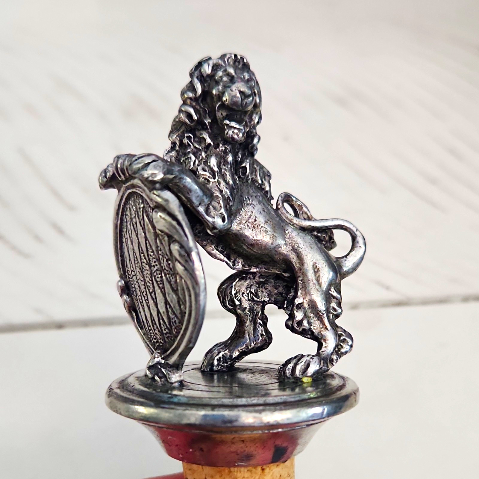 Vintage Pewter Heraldic Lion Wine Bottle Stopper Shield Cork Bavaria Germany Art