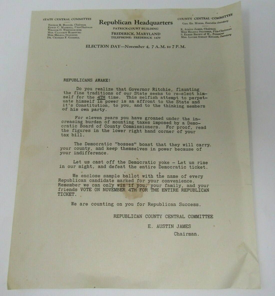 1930 Republican Party Flyer Frederick MD Against Gov Albert Ritchie 4th Term