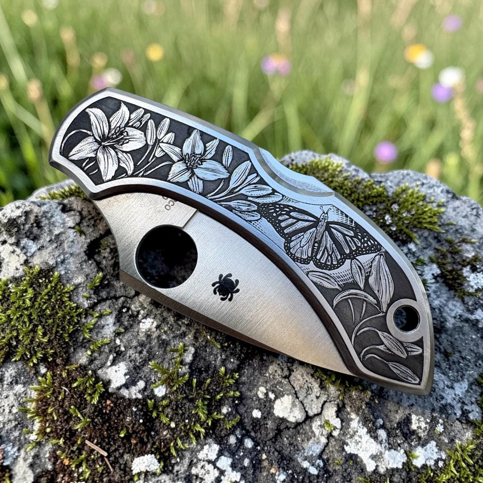 Spyderco Dragonfly with Engraved Lilies and Monarch Butterfly on Both Sides