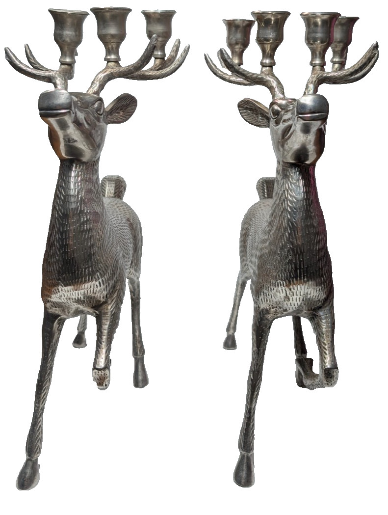 VTG Silver Plated Brass Reindeer Candelabra Pair 15\