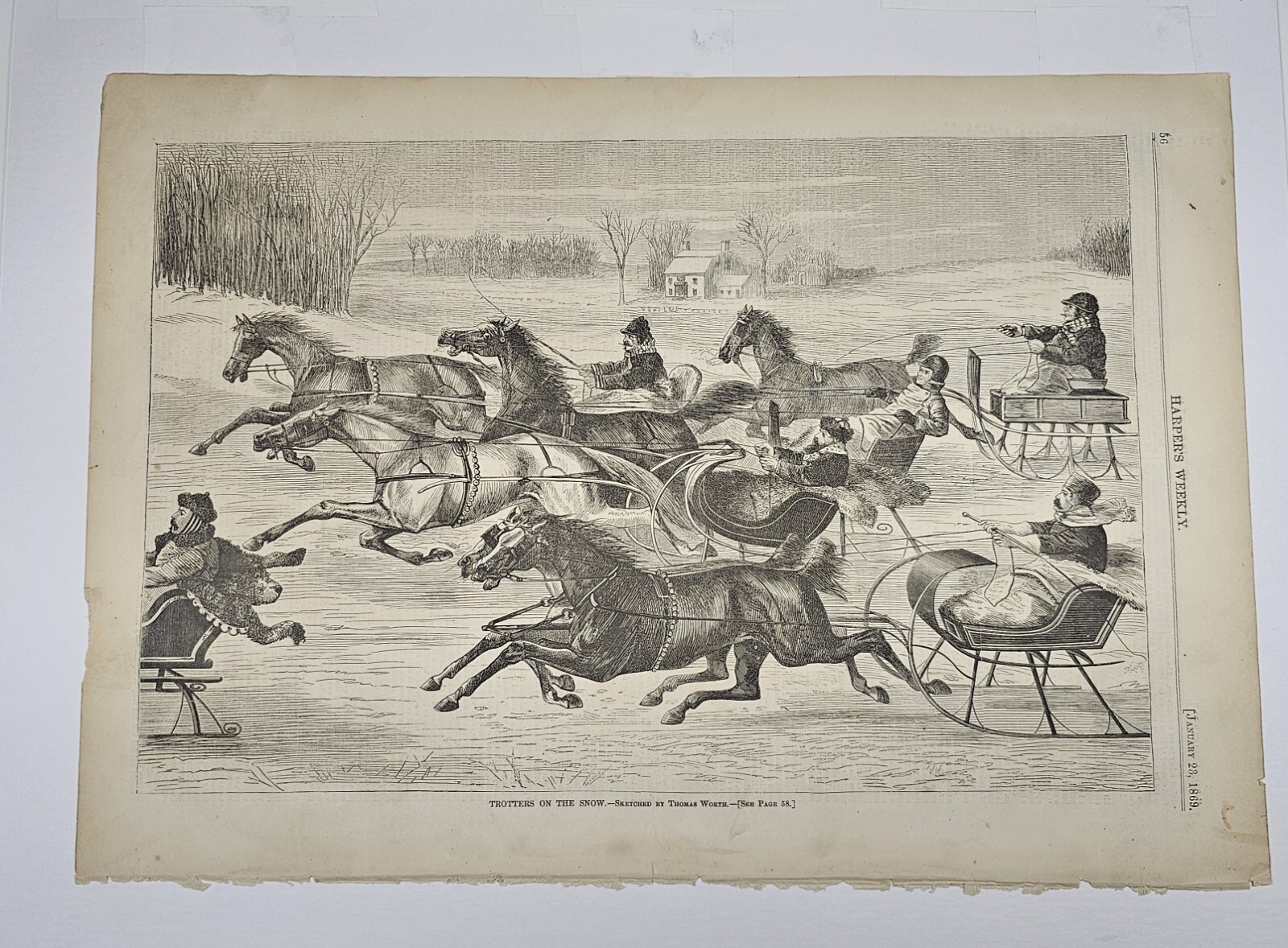 Thomas Worth TROTTERS ON THE SNOW Horse Pulling Sleds 1869 Antique Print Matted Thomas Worth TROTTERS ON THE SNOW Horse Pulling Sleds 1869 Antique Print Matted