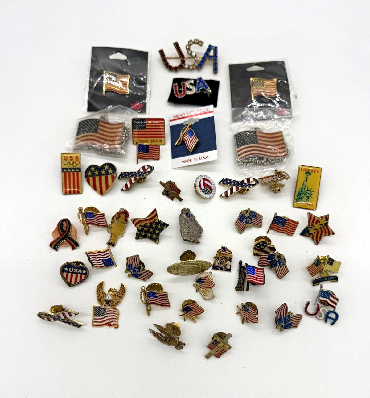 Large Vintage USA Patriotic Pin Lot American Flags 1976 Liberty Eagle Lapel Pins