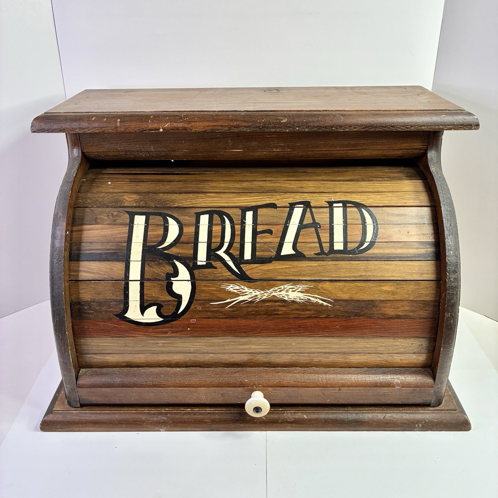 Knock On Wood Brown Wooden Roll Top Bread Box Farmhouse Kitchen Storage Vintage