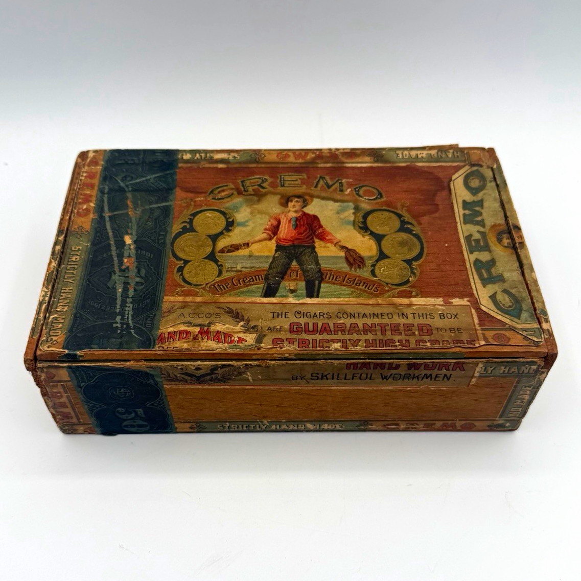 Cremo Vintage Wooden Cigar Box w/ Factory No. 902 1st District Michigan Label