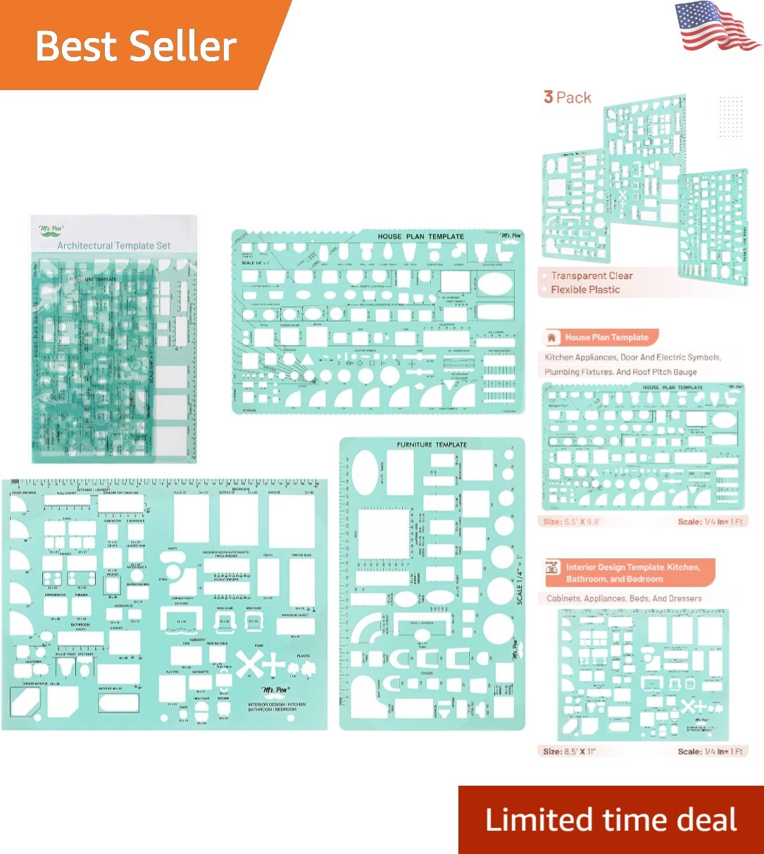 3 Pc Architect Drawing & Interior Design Templates - Precision Tools for Layouts