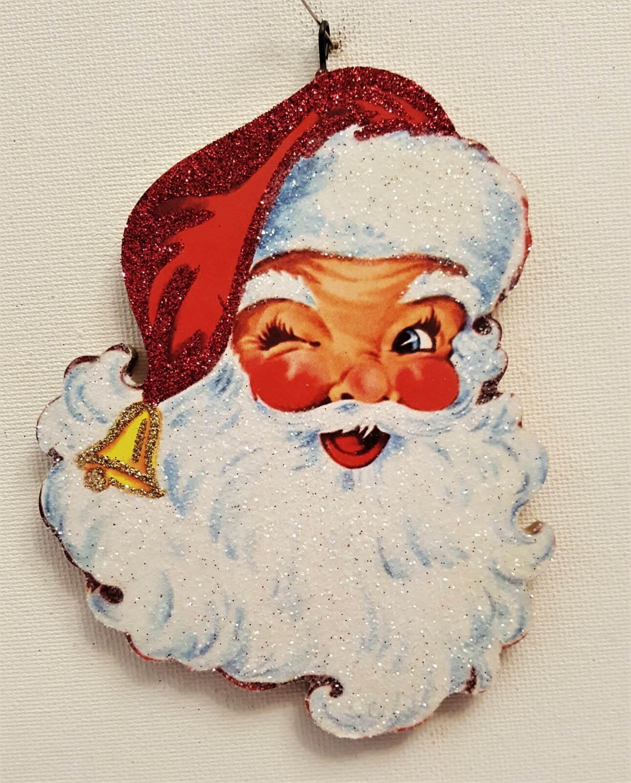 WINKING SANTA CLAUS w/ BELL on HAT  * Glitter CHRISTMAS ORNAMENT * Vtg Img