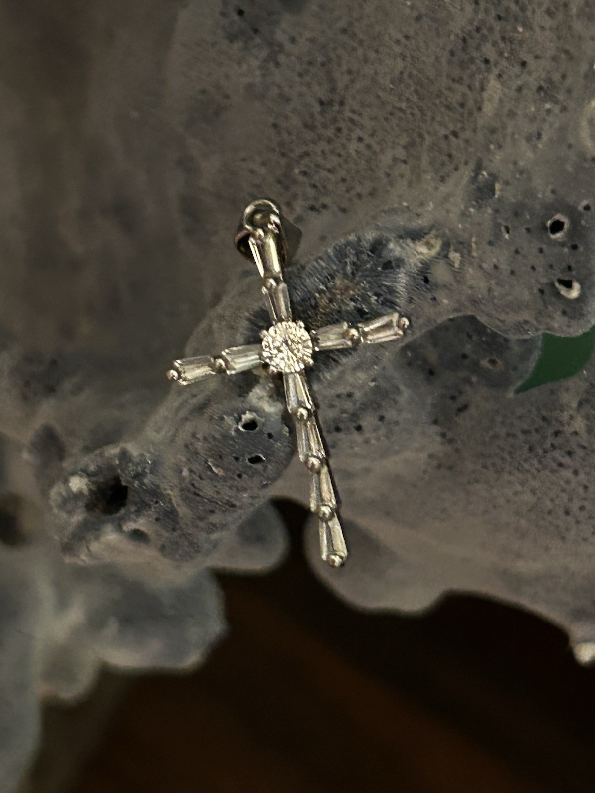 .925 Silver Christian Cross Pendant with Floral Design and Clear Stone Center