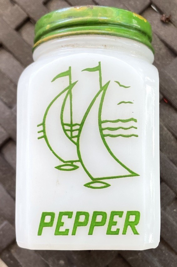 Vintage Green Sail Boats Milk Glass Pepper Shaker W Lid Made in USA Hazel Atlas