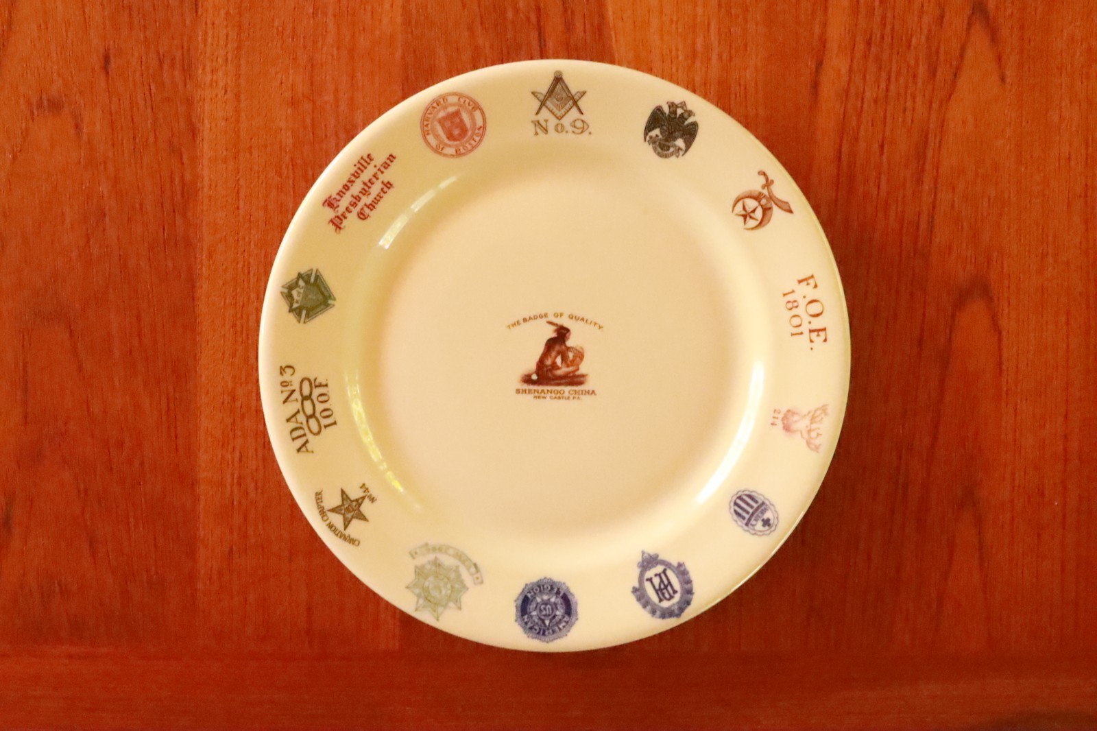 Rare Shenango China RimRol Salesman Sample Plate - Frat/Masonic/Club Topmarks