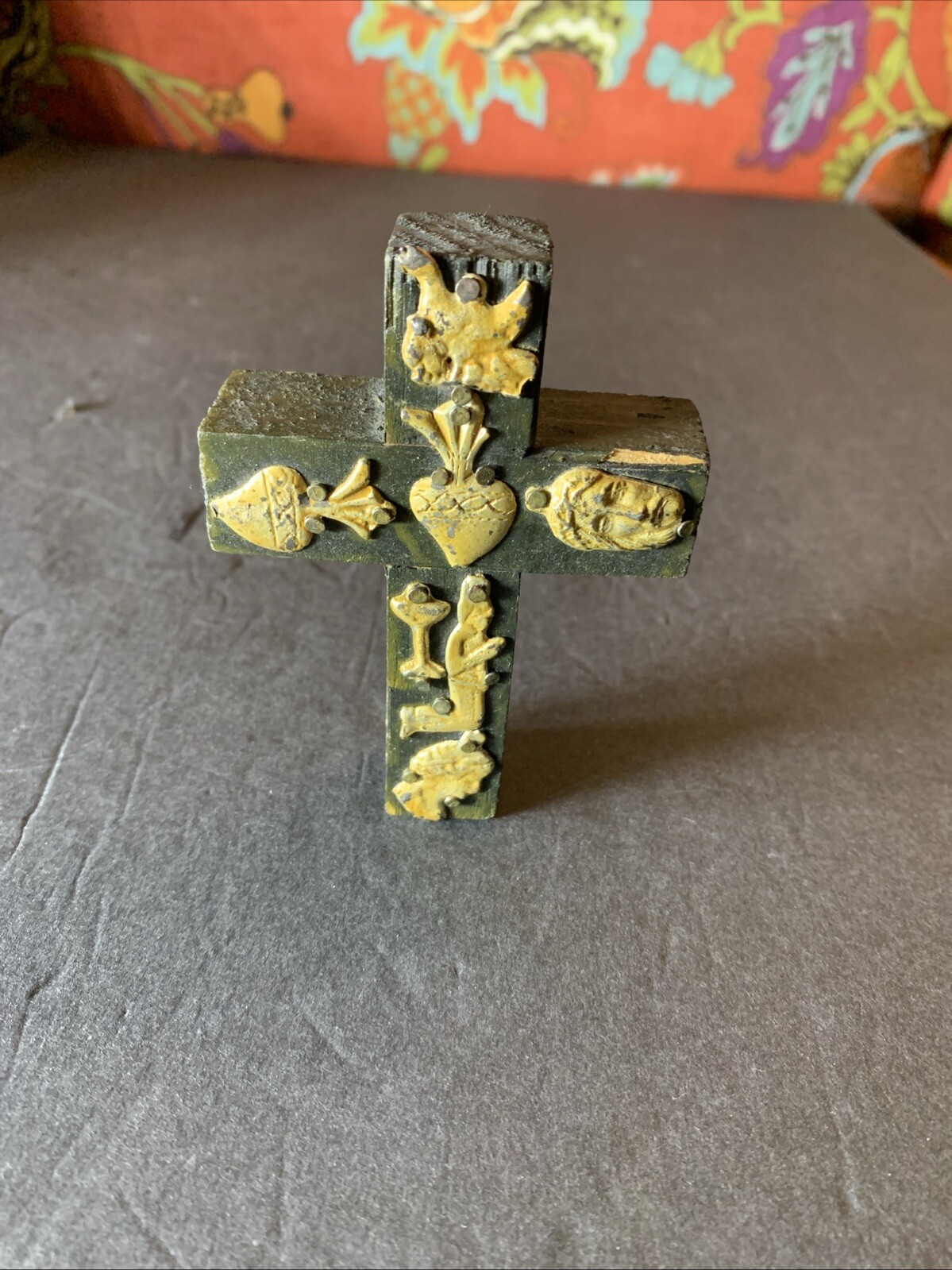 Vintage CHEMA Milagro Cross Mexican Folk Art Metal Wood Cross 5 1/4\ Vintage CHEMA Milagro Cross Mexican Folk Art Metal Wood Cross 5 1/4\