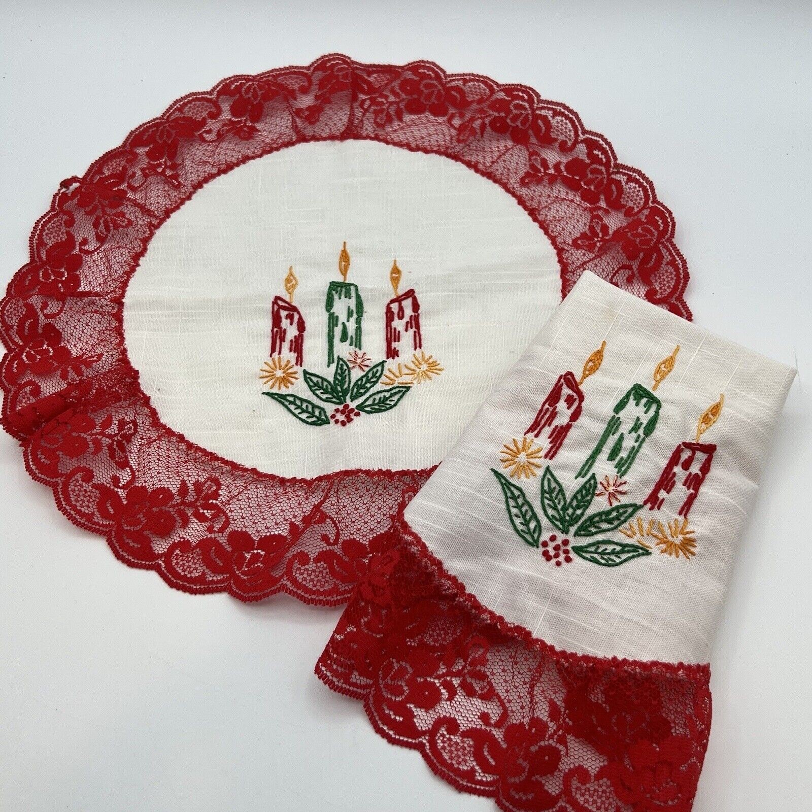 Set 2 Vtg Embroidered Christmas Doily Candle Lace Red White Kitsch Handmade 13\