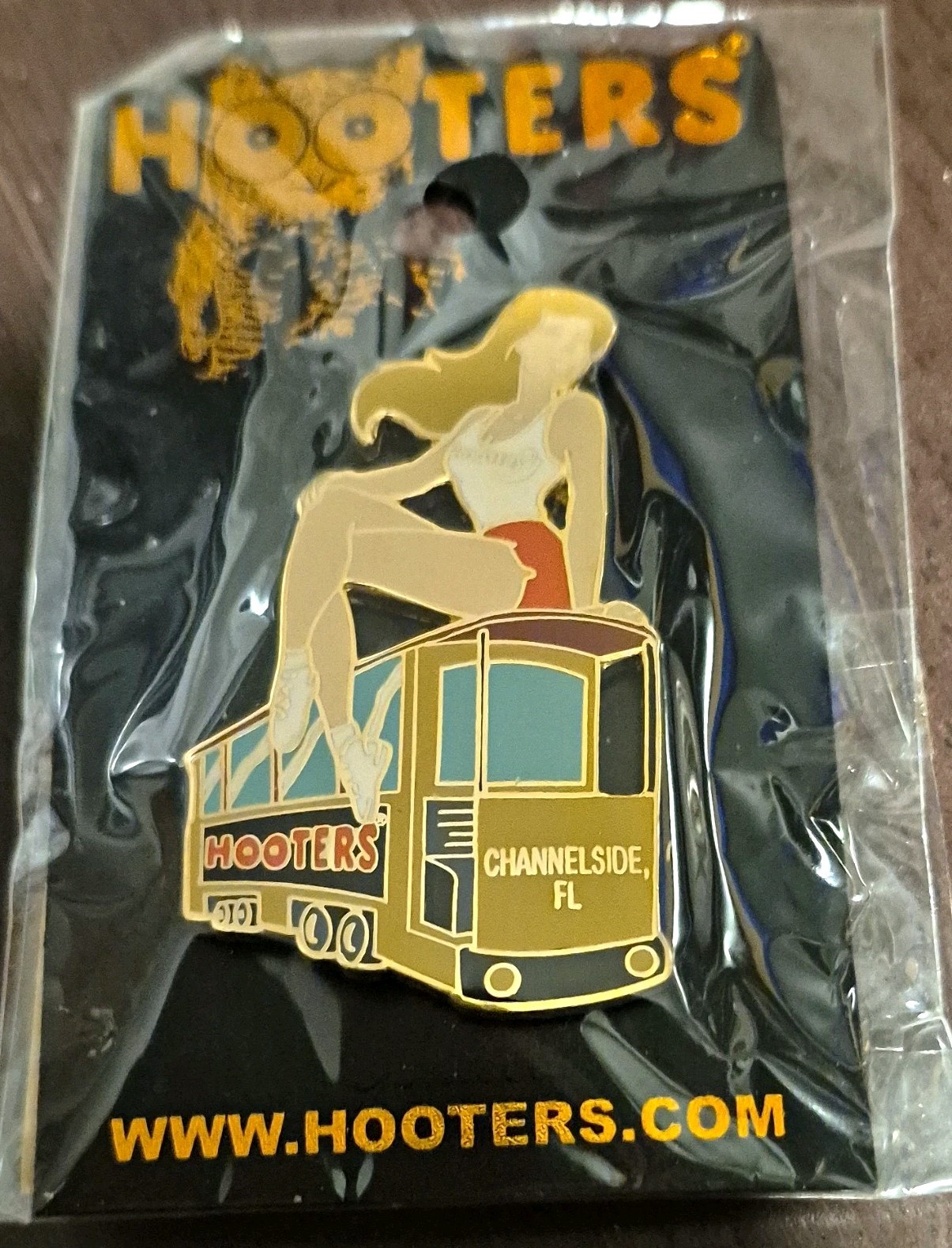 Hooters Channelside FL Trolley Girl Gold Enamel Lapel/Pin new Hooters Channelside FL Trolley Girl Gold Enamel Lapel/Pin new