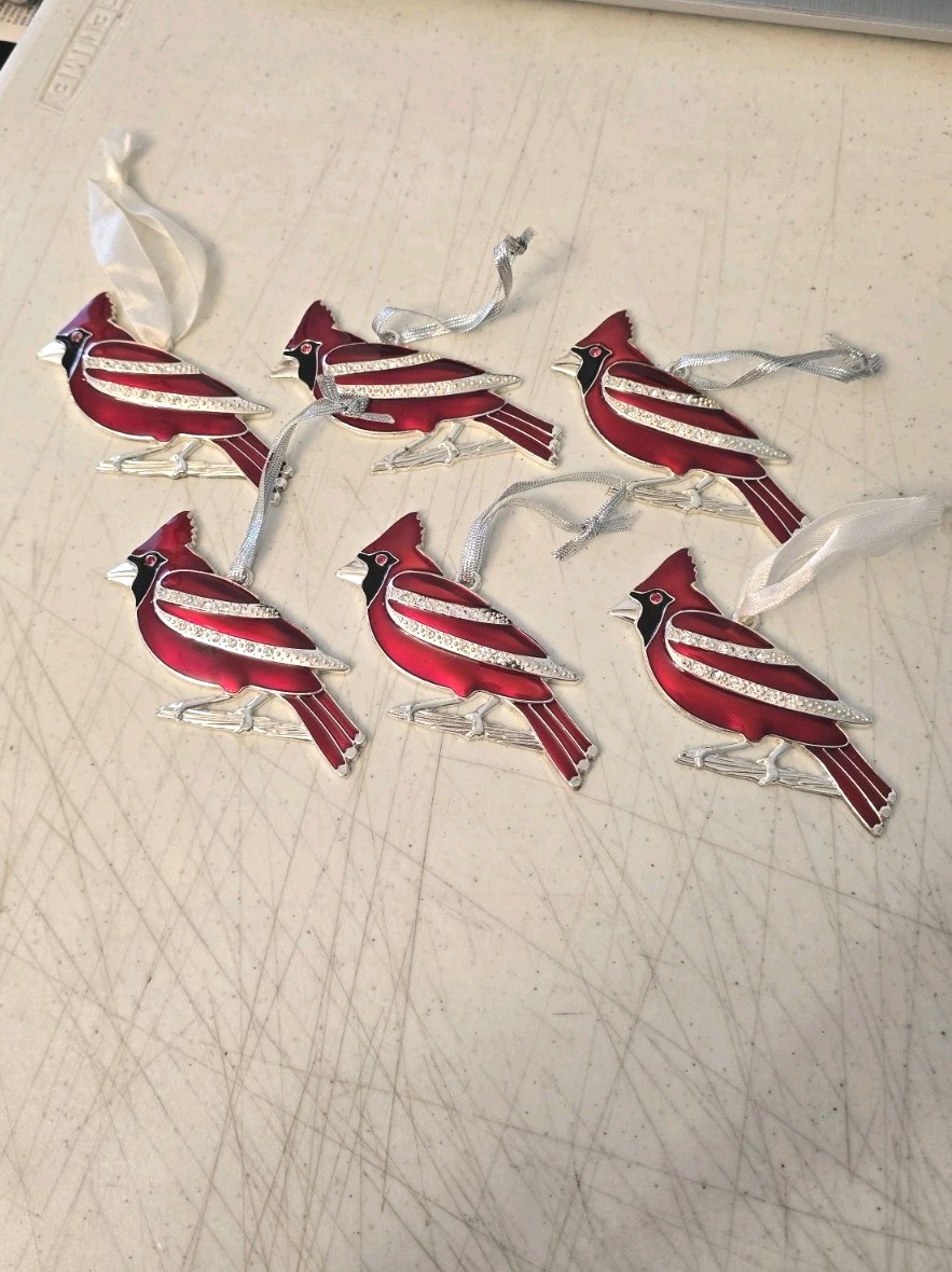 Lot of 6 Harvey Lewis Cardinal Christmas Ornaments with Crystals Silvertone 