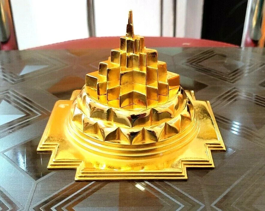 Maha Meru Shree Yantra Made with Ashtadhatu 6 x 6 Inch Diagonally Gold Plated