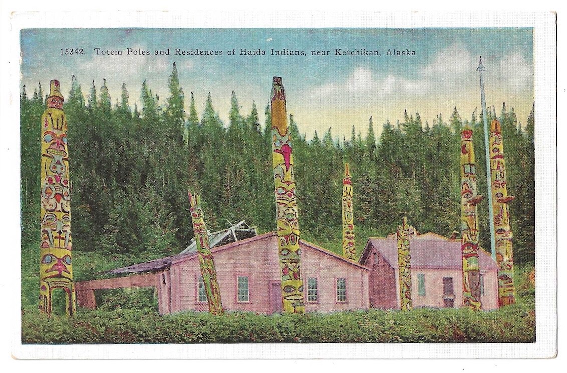 Ketchikan Alaska c1920\'s Haida Indian Totem Poles, residence, Native Americana