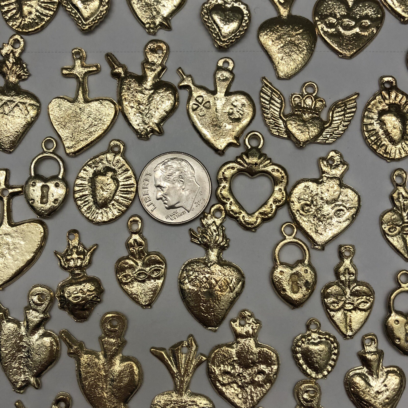 25 Milagro HEART Charms Mexican Folk Art GOLD All HEARTS Charm Lot 25 Milagro HEART Charms Mexican Folk Art GOLD All HEARTS Charm Lot