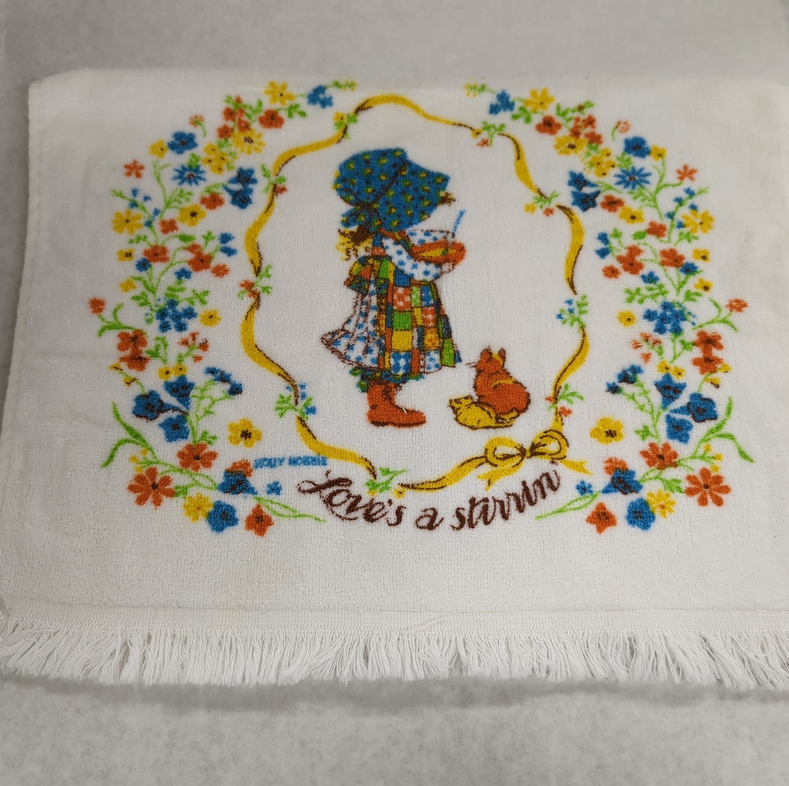 Rare NOS Vtg 70s Holly Hobbie Hand Towel White Floral Bath Kitchen Royal Terry